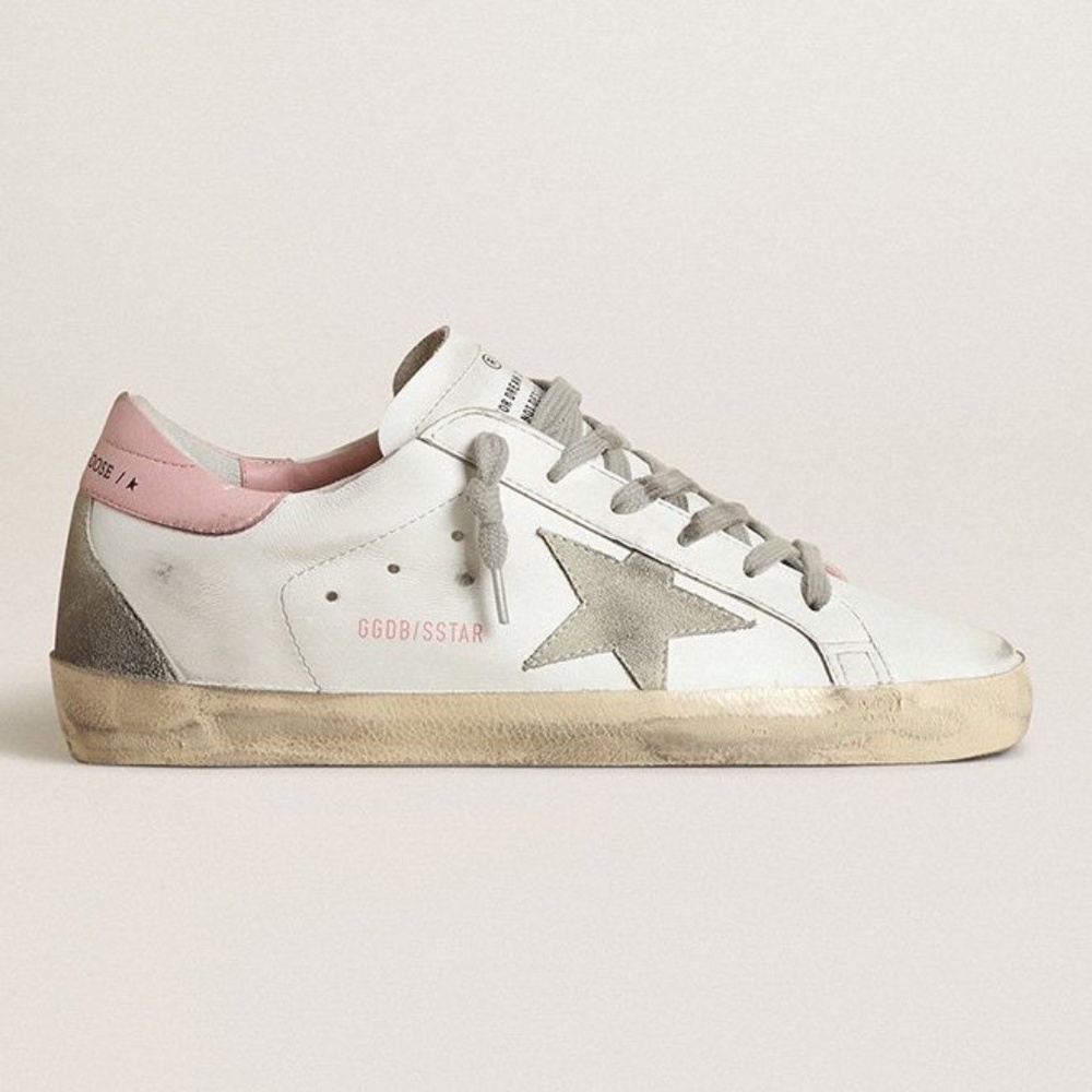 Golden Goose Superstar White Leather Upper and Toe with Suede Star, Pink Leather